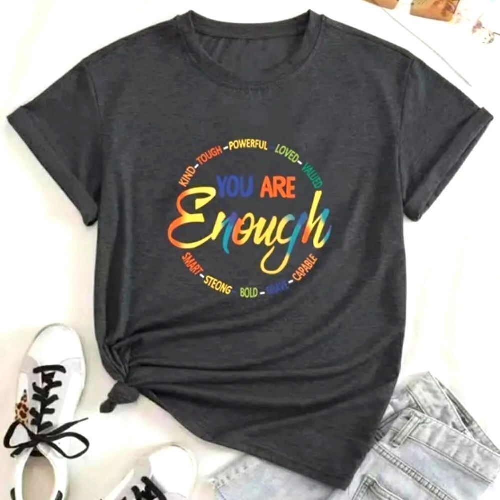 Plus Size Cotton Rainbow Color Letter Print Round Neck T-Shirt